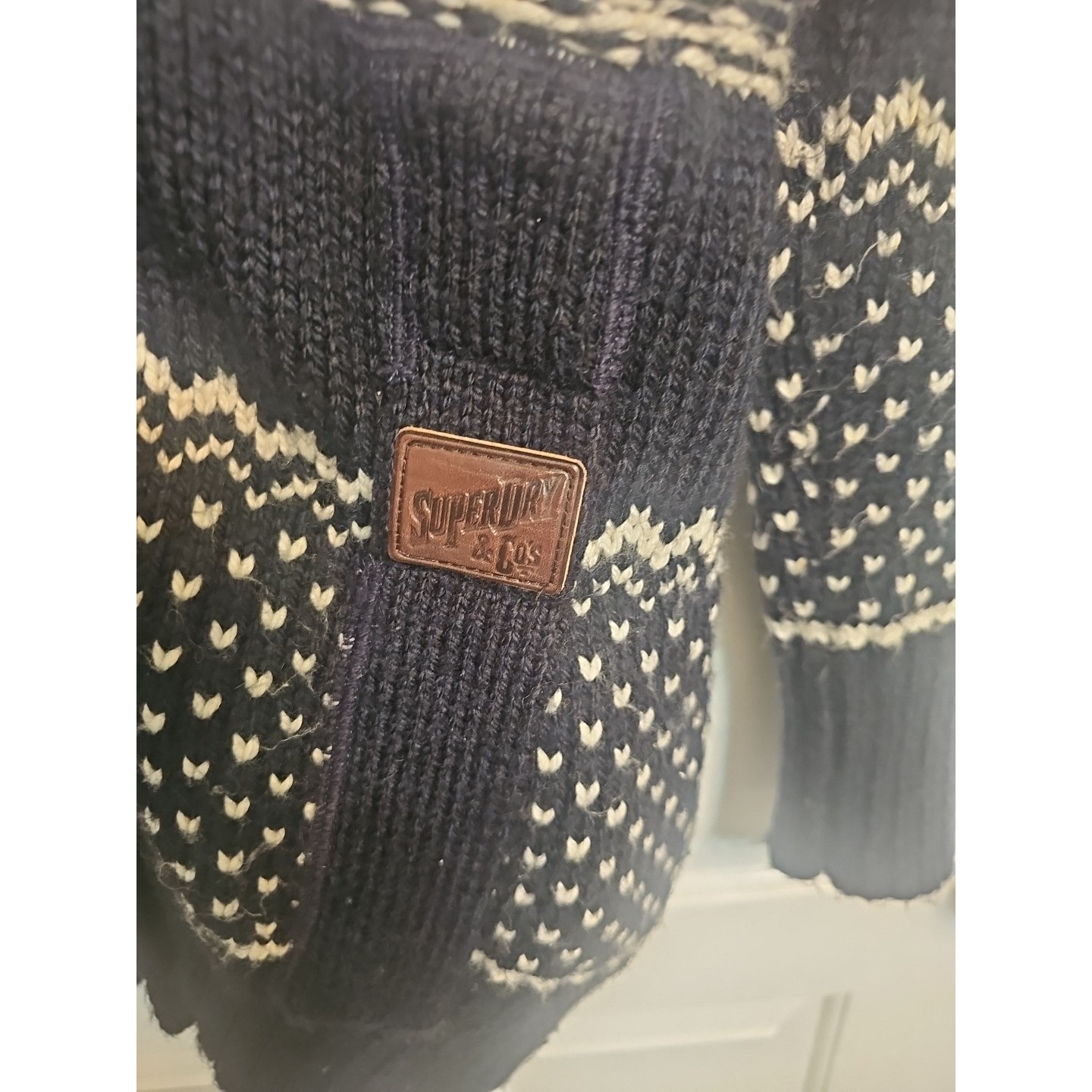 Superdry Cardigan Womens Medium Sweater Belted Buckle Wool Blend Blue White Logo — image 8 of 8